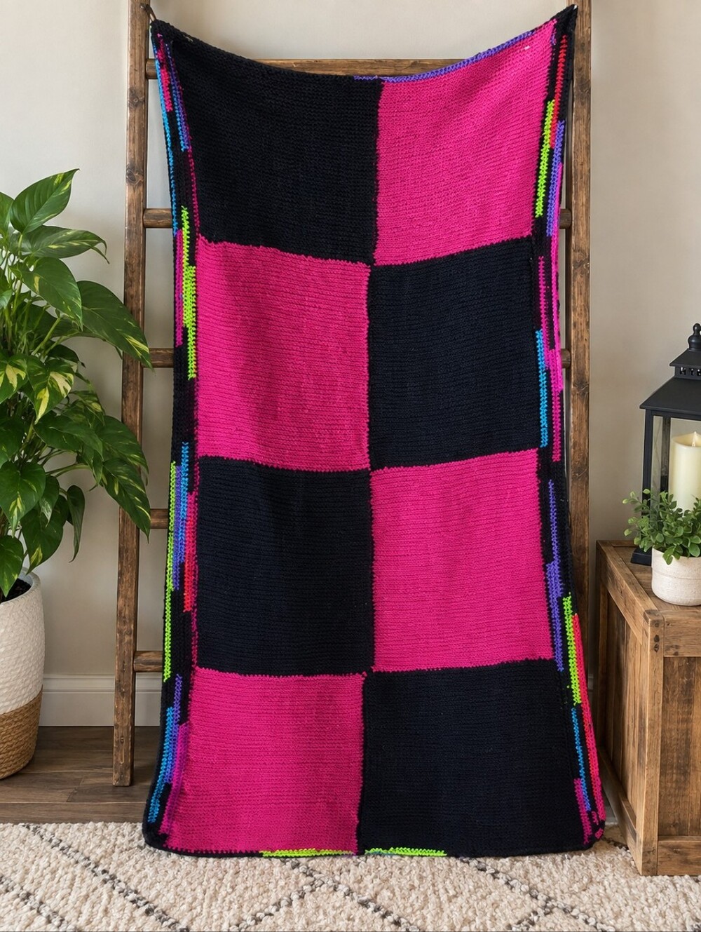 🧶 Hand-Knitted Colorful Block Throw Blanket – 32” x 65” – Brand New